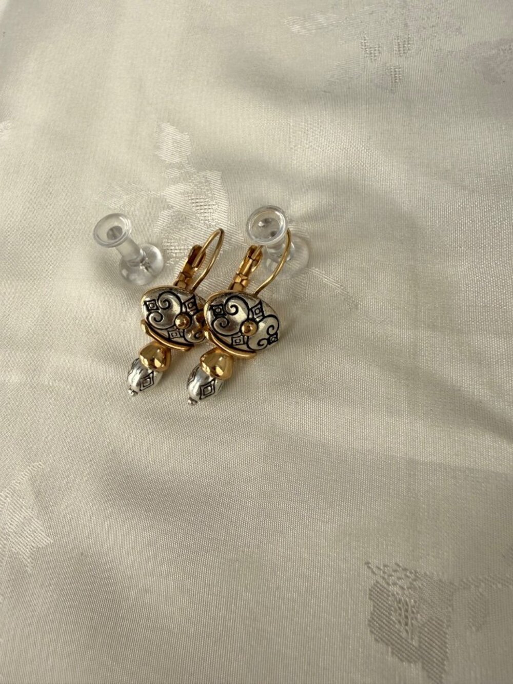 2-Tone Gold/Silver Drop Dangle Earrings w/ Engraved Pattern Lever-Back Closure